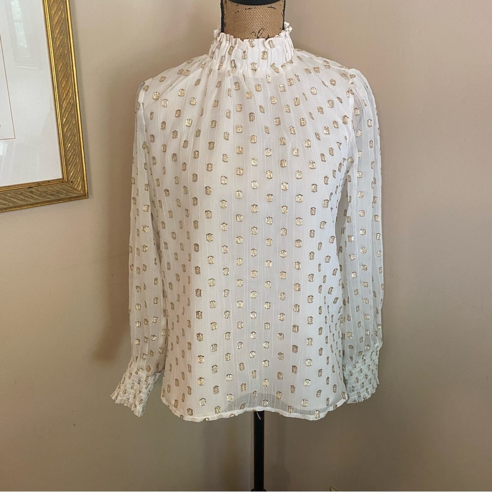 LOFT Blouse Top XS White & Gold Metallic Foil Square Smocked Mock Neck
